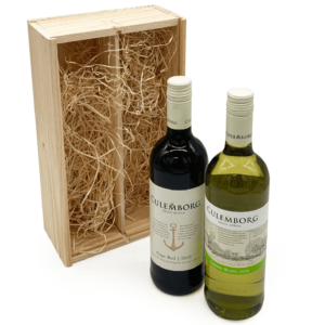 BEDANKTDOOS, Culemborg wijn duo, in houten kist, rood en wit, geschenk, fruitige afdronk
