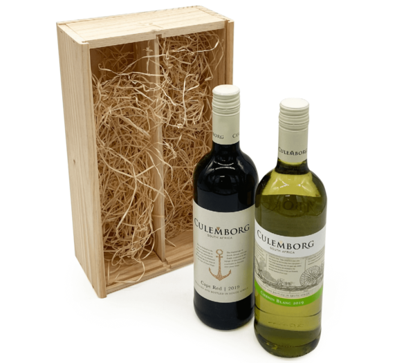 BEDANKTDOOS, Culemborg wijn duo, in houten kist, rood en wit, geschenk, fruitige afdronk