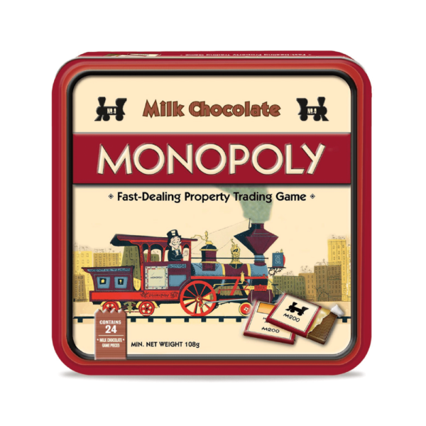 Bedanktdoos, chocolade monopolyspel in vintage blik